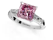 3 Stone Engagement Ring Setting for Fancy Pink Princess Cut Center with Tapered Baguettes, Plain Band and Prong Head in White Gold
