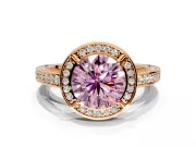 Halo Engagement Ring Setting for Fancy Pink Round Cut Center with Framed Halo, Pave Band and Prong Head in Rose Gold