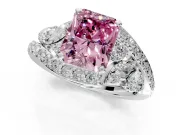 Halo Engagement Ring Setting for Fancy Pink Radiant Cut Center with Marquise and Pave Bypass Band and Prong Head in White Gold