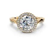 Halo Engagement Ring Setting for Round Cut Center with Twist Band and Prong Head in Yellow Gold