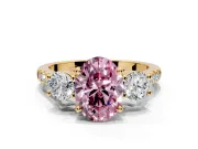 3 Stone Engagement Ring Setting for Fancy Pink Oval Center with Crossover Basket, Pave Band and Prong Head in Yellow Gold