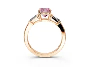 3 Stone Engagement Ring Setting for Fancy Pink Cushion Cut Center with Baguette Accents and Prong Head in Rose Gold