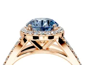 Halo Engagement Ring Setting for Fancy Blue Round Cut Center with Narrow Pave Split Shank and Prong Head in Rose Gold