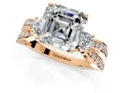 3 Stone Engagement Ring Setting for Asscher Cut Center with Pave Twist Band and Prong Head in Rose Gold
