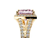 Halo Engagement Ring Setting for Fancy Pink Princess Cut Center with Pave Split Shank and Prong Head in Yellow Gold
