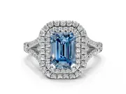Double Halo Engagement Ring Setting for Fancy Blue Emerald Cut Center with Narrow Pave Split Shank and Prong Head in Platinum