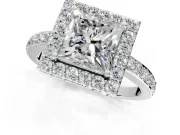 Halo Engagement Ring Setting for Princess Cut Center with Heart-Shaped Openwork, Pave Band and Prong Head in Sterling Silver