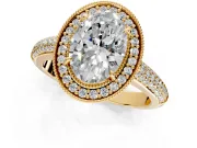 Milgrain Halo Engagement Ring Setting for Oval Center with Three-Sided Pave Band and Prong Head in Yellow Gold