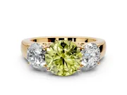 3 Stone Engagement Ring Setting for Fancy Yellow Round Cut Center with Raised Basket Heads and Prong Head in Yellow Gold