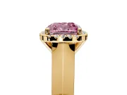 Halo Engagement Ring Setting for Fancy Pink Cushion Cut Center with Knife Ridge Cathedral Band and Prong Head in Yellow Gold