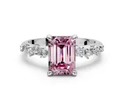 Solitaire Engagement Ring Setting for Fancy Pink Emerald Cut Center with Trailing Leaf Accent Band and Prong Head in White Gold