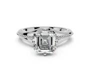 Solitaire Engagement Ring Setting for Asscher Cut Center with Milgrain Cathedral Band and Prong Head in Sterling Silver