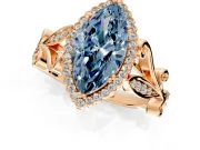 Halo Engagement Ring Setting for Fancy Blue Marquise Center with Leaf Motif Split Shank and Prong Head in Rose Gold
