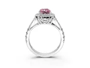 Double Halo Engagement Ring Setting for Fancy Pink Radiant Cut Center with Narrow Pave Split Shank and Prong Head in White Gold