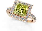 Halo Engagement Ring Setting for Fancy Yellow Princess Cut Center with Heart-Shaped Openwork, Pave Band and Prong Head in Rose Gold