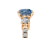3 Stone Engagement Ring Setting for Fancy Blue Cushion Cut Center with Round Cut Side Accents and Prong Head in Rose Gold