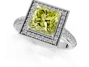 Milgrain Halo Engagement Ring Setting for Fancy Yellow Princess Cut Center with Three-Sided Pave Band and Prong Head in White Gold