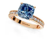 Milgrain Pave Engagement Ring Setting for Fancy Blue Cushion Cut Center with Accent Band and Prong Head in Rose Gold