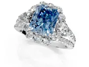 Halo Engagement Ring Setting for Fancy Blue Radiant Cut Center with Two-Strand Split Shank and Prong Head in Platinum