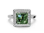Halo Engagement Ring Setting for Fancy Green Princess Cut Center with Plain Tapered Band and Prong Head in Sterling Silver