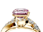Halo Engagement Ring Setting for Fancy Pink Asscher Cut Center with Marquise and Pave Bypass Band and Prong Head in Yellow Gold
