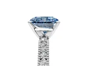 Solitaire Engagement Ring Setting for Fancy Blue Radiant Cut Center with Milgrain-Edged Pave Band and Prong Head in Platinum
