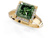Halo Engagement Ring Setting for Fancy Green Princess Cut Center with Knife Ridge Cathedral Band and Prong Head in Yellow Gold