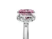 Hidden Halo Engagement Ring Setting for Fancy Pink Radiant Cut Center with Plain Rounded Band and Prong Head in Platinum