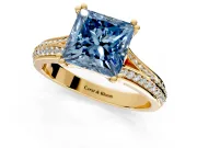 Solitaire Engagement Ring Setting for Fancy Blue Princess Cut Center with Pave Rail Split Shank and Prong Head in Yellow Gold