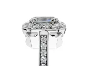 Floral Halo Engagement Ring Setting for Emerald Cut Center with Large Halo Accents and Prong Head in White Gold