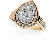 Halo Engagement Ring Setting for Pear-Shaped Center with Outer Bezel Rim, Pave Band and Prong Head in Yellow Gold