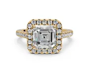 Halo Engagement Ring Setting for Asscher Cut Center with Raised Halo, Pave Band and Prong Head in Yellow Gold