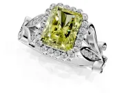 Halo Engagement Ring Setting for Fancy Yellow Radiant Cut Center with Leaf Motif Split Shank and Prong Head in Platinum