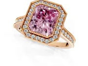 Halo Engagement Ring Setting for Fancy Pink Radiant Cut Center with Milgrain Pave Band and Bezel Head in Rose Gold