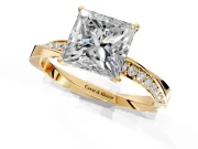 Side Accent Engagement Ring Setting for Princess Cut Center with Accent Shoulders and Prong Head in Yellow Gold