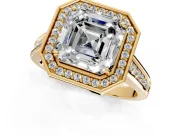 Halo Engagement Ring Setting for Asscher Cut Center with Outer Bezel Rim, Pave Band and Prong Head in Yellow Gold