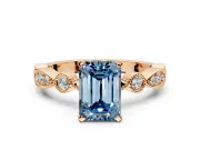 Solitaire Engagement Ring Setting for Fancy Blue Emerald Cut Center with Milgrain Bezel Accents and Prong Head in Rose Gold