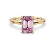 Hidden Halo Engagement Ring Setting for Fancy Pink Emerald Cut Center with Thin Rounded Band and Prong Head in Yellow Gold