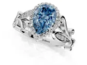 Halo Engagement Ring Setting for Fancy Blue Pear-Shaped Center with Leaf Motif Split Shank and Prong Head in White Gold