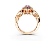 Milgrain Halo Engagement Ring Setting for Fancy Pink Emerald Cut Center with Shoulder Bezels and Prong Head in Rose Gold