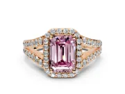 Halo Engagement Ring Setting for Fancy Pink Emerald Cut Center with Narrow Pave Split Shank and Prong Head in Rose Gold