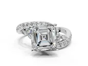 Solitaire Engagement Ring Setting for Asscher Cut Center with Pave Bypass Twist Band and Prong Head in Platinum