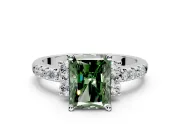 Paired Accent Engagement Ring Setting for Fancy Green Radiant Cut Center with Pave Band and Prong Head in Platinum