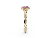Halo Engagement Ring Setting for Fancy Pink Cushion Cut Center with Pave and Plain Twist Band and Prong Head in Yellow Gold