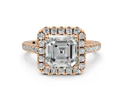 Halo Engagement Ring Setting for Asscher Cut Center with Raised Halo, Pave Band and Prong Head in Rose Gold