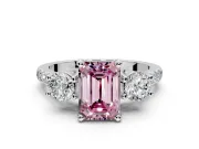 3 Stone Engagement Ring Setting for Fancy Pink Emerald Cut Center with Crossover Basket, Pave Band and Prong Head in Sterling Silver