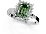 Starburst Halo Engagement Ring Setting for Fancy Green Emerald Cut Center with Flat Cathedral Band and Prong Head in Sterling Silver