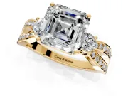 3 Stone Engagement Ring Setting for Asscher Cut Center with Pave Twist Band and Prong Head in Yellow Gold