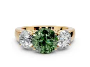 3 Stone Engagement Ring Setting for Fancy Green Round Cut Center with Raised Basket Heads and Prong Head in Yellow Gold
