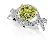 Halo Engagement Ring Setting for Fancy Yellow Heart-Shaped Center with Pave Infinity Twist Band and Prong Head in Platinum